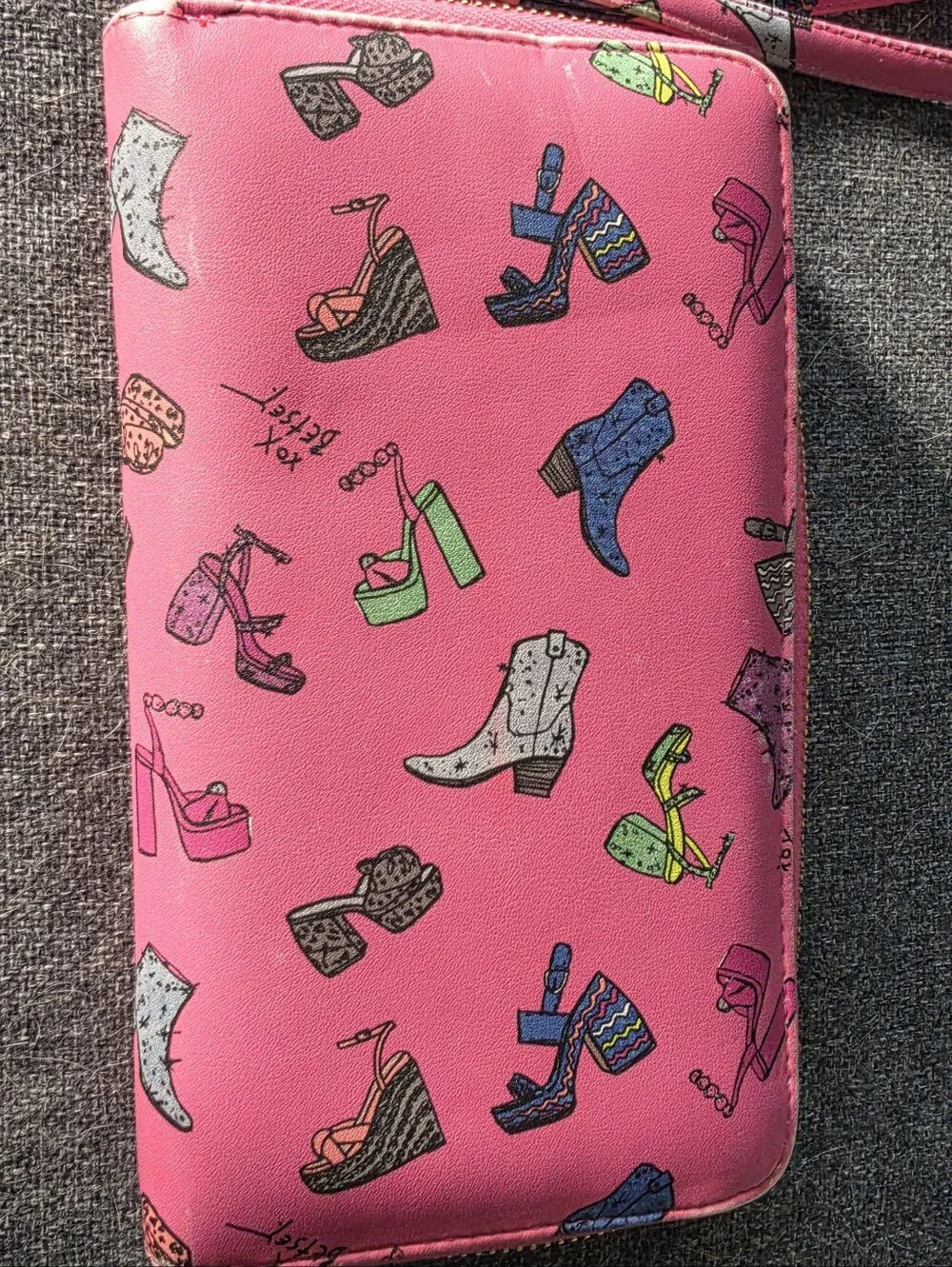 Betsey Johnson Pink Shoe-Pattern Wristlet with Gold Logo